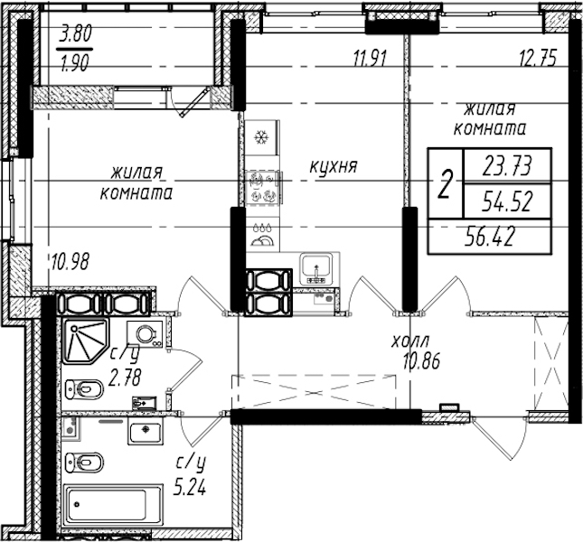2-комнатная квартира 56.42 м², 22/25 эт., ЖК «Северная Долина»